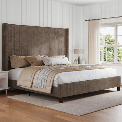 HOWE Queen Bed Frame with 61.4" Extra Tall Headboard, Corduroy Upholstered Bed with Vertical Wingback Headboard, No Box Spring Needed/Noise Free/Solid Wood Slats/Brown