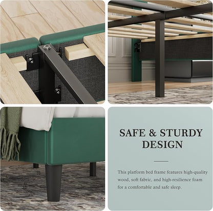 VECELO Queen Size Bed Frame with Adjustable Headboard, Upholstered Platform Bedframe with Wood Slat Support, No Box Spring Needed, Easy Assembly, Dark Green