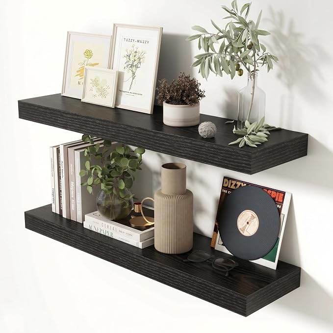 Heimlove 32 Inch Floating Shelves for Wall Black Shelves Set of 2,Wall Mounted Rustic Wood 8 Inch Deep Floating Shelf with Invisible Brackets for Bedroom Kitchen Living Room