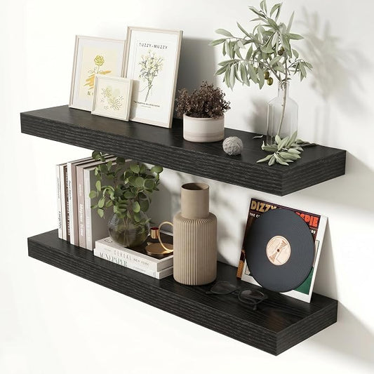 Heimlove 32 Inch Floating Shelves for Wall Black Shelves Set of 2,Wall Mounted Rustic Wood 8 Inch Deep Floating Shelf with Invisible Brackets for Bedroom Kitchen Living Room