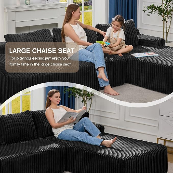 Hobestluk Boneless Couch Modular Sectional Sofa L-Shape Oversized Chaise | 108" Right Facing Chaise Black,Memory Foam,Removable Cover,Non-slip Bottom,No Assemble Required,Living Room Furniture
