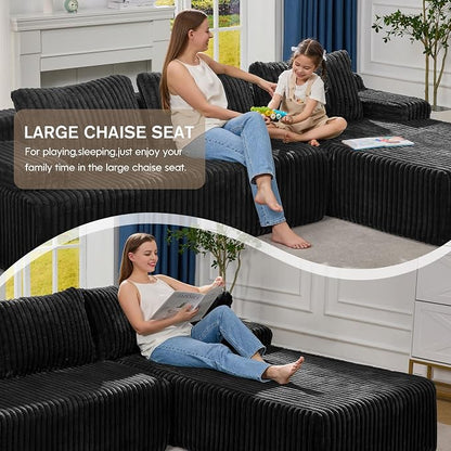 Hobestluk Boneless Couch Modular Sectional Sofa L-Shape Oversized Chaise | 108" Right Facing Chaise Black,Memory Foam,Removable Cover,Non-slip Bottom,No Assemble Required,Living Room Furniture