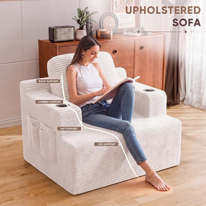 Homall 42” Single Sofa Foam Couch for Small Spaces Upholstered Floor Sofa with Cup Holder & Storage Pocket Boneless Couch for Bedroom Living Room (White, Single)
