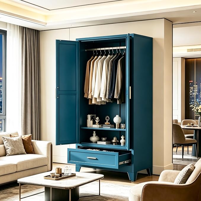 71" H Blue Closet,Armoire Wardrobe Closet,Metal Wardrobe Closet with Doors and Shelves,Large Wardrobe Closet for Bedroom