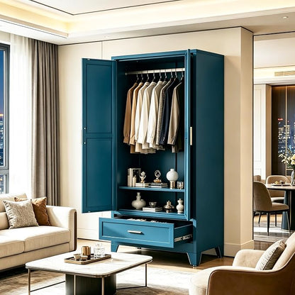 71" H Blue Closet,Armoire Wardrobe Closet,Metal Wardrobe Closet with Doors and Shelves,Large Wardrobe Closet for Bedroom