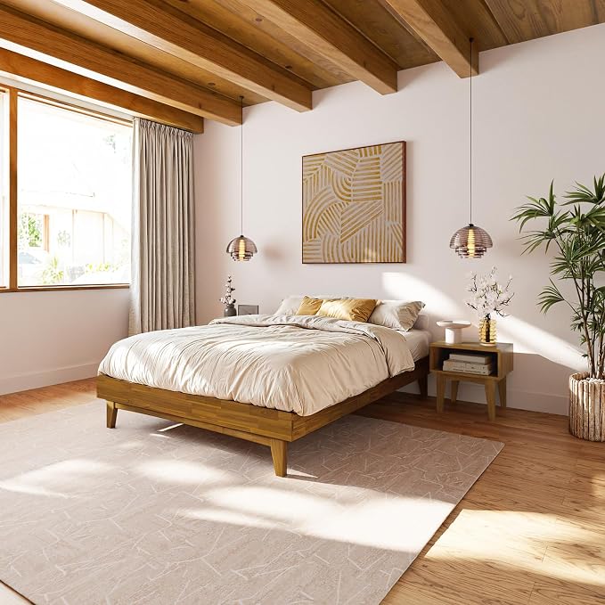 Bme Catherine Queen Platform Bed Frame, Modern Bed Frame Without Headboard, Wooden Low Profile Bed Frame, Acacia Wood Platform Bed Frame, No Box Spring Needed, Supports up to 800lbs - Teak Brown