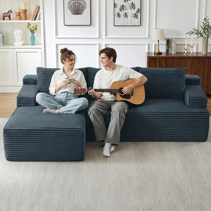 96" Cloud Sectional Couch with L-Shape Chaise, Modular Comfy Sofa Chaise Longue, Upholstered Corduroy Couches Sleeper with Deep Seat for Living Room Bedroom, No Assembly Required(Grey, Left Facing)