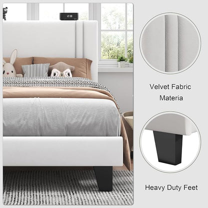 Feonase Twin Platform Bed Frame, Velvet Upholstered Twin Bed Frame, Solid Wood Slats & Heavy Duty Feet Support, No Box Spring Needed, Noise-Free, Easy Assembly, White