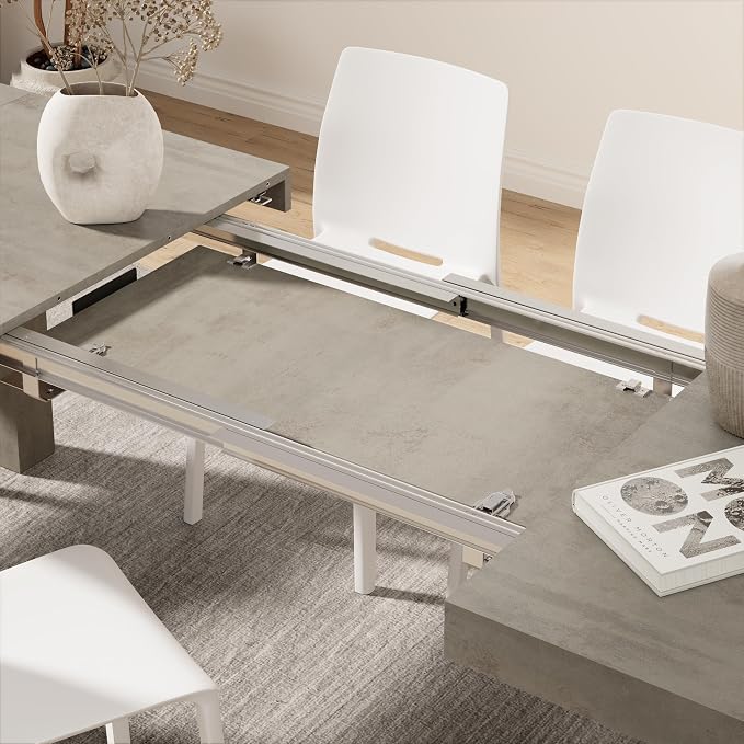Mobili Fiver, Iacopo Extendable Dining Table, 55.1(86.6) x35.4 in, Concrete Effect, Grey, for 6-10 People, Expandable Dining Table for Kitchen, Living Room, Italian Furniture