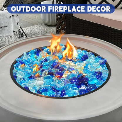 20 Pounds Fire Glass Rocks, 3/4 Mixed Color Fire Glass Beads for Propane Fire Pit, Fireplace and Outdoor Decorative (Caribbean Blue+Cobalt Blue+Crystal Ice)