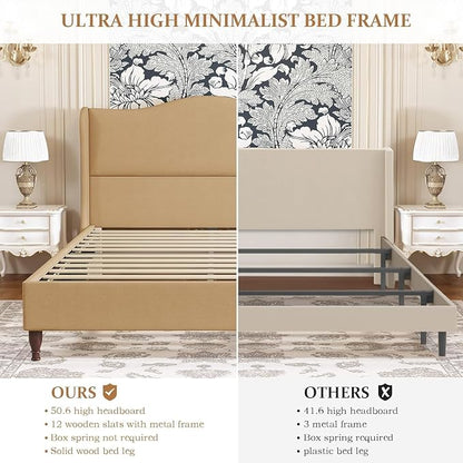 koorlian Queen Upholstered Bed Frame with 51'' Tall Headboard, Warm Brown | Reinforced Platform Bed, Easy Assembly, Soft Fabric, Sleigh Wingback, Solid Wood Retro Legs, Noise-Free, Classic & Simple