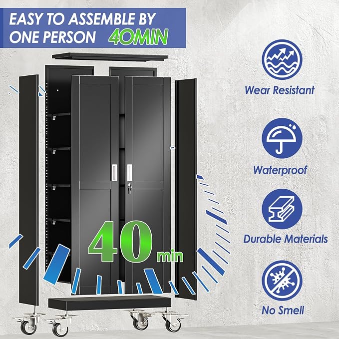 75" Metal Garage Storage Cabinet with Wheels and Locking Doors and Tall Rolling Steel Tool Cabinet with 5 Adjustable Shelves for Garage,Home,Office,Shop (Black, 75''H x 32''W x16''D)