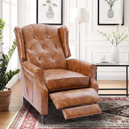 Wingback Recliner Chair with Heat and Massage, PU Leather Push Back Recliner Chair for Living Room, Vintage Wingback Recliner with Remote Control,Padded Cushion,Backrest,Wooden Legs