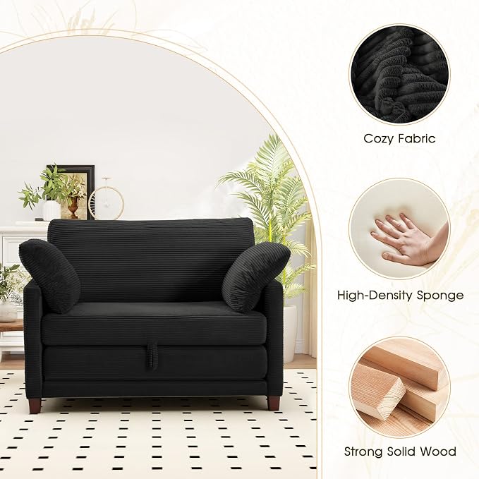 Myroyalsit 51" Convertible Loveseat Sofa Bed, 2-in-1 Folding Sofa Bed with 2 Pillow for Small Spaces, Modern Loveseat Sleeper Couch for Apartment, Living Room & Guest Room (Black Corduroy, 51 inch)
