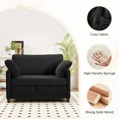 Myroyalsit 51" Convertible Loveseat Sofa Bed, 2-in-1 Folding Sofa Bed with 2 Pillow for Small Spaces, Modern Loveseat Sleeper Couch for Apartment, Living Room & Guest Room (Black Corduroy, 51 inch)