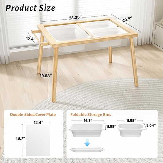 Easyego Sensory Table for Toddlers Kids Play Wooden Sand Water Table with Double-Sided Board & Foldable Storage Bins for Indoor and Outdoor Use, Birthday Gifts for Boys and Girls-Natural Color