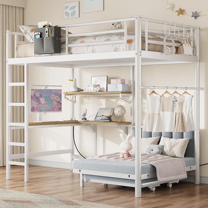 Jocoevol Twin Loft Bed with Mattress, Dual-Access Bed, Pull-Out Folding Bed & L-Shaped Desk, Heavy Duty Metal Bunk Bed Frame with Safety Guardrails, Charging Station & Adjustable Shelves (Pearl White)
