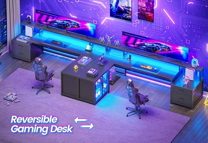 SEDETA L Shaped Gaming Desk, 78.7” Large Computer Desk with Drawers and Power Outlet & LED Light, Corner Gaming Desk with Storage Shelves, Display Cabinet for Home Office, Black