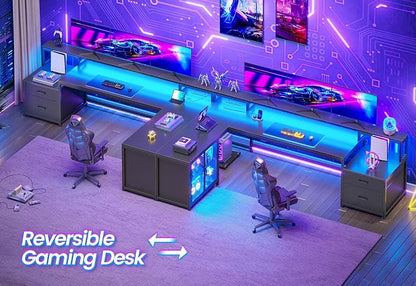 SEDETA L Shaped Gaming Desk, 78.7” Large Computer Desk with Drawers and Power Outlet & LED Light, Corner Gaming Desk with Storage Shelves, Display Cabinet for Home Office, Black