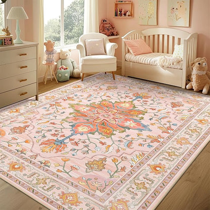 RELEANY Area Rugs 4'x6' Washable Non-Slip, Floral Vintage Distress Medallion Carpet for Living Room Bedroom Dining Room, Light Pink Colorful