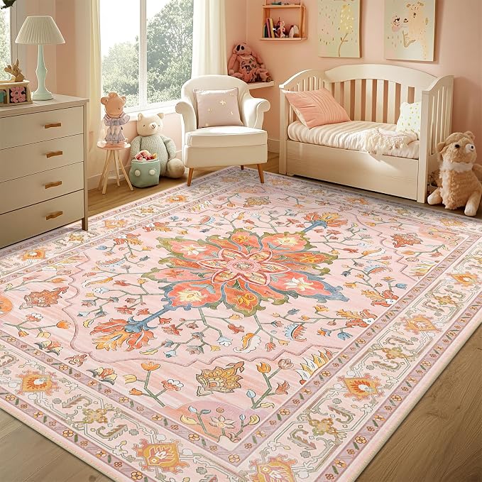 RELEANY Area Rugs 5'x7' Washable Non-Slip, Floral Vintage Distress Medallion Carpet for Living Room Bedroom Dining Room, Light Pink Colorful