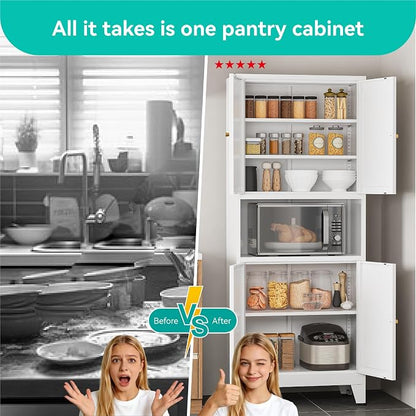 69" H Metal Pantry Cabinet with Open Shelf,13.78“Deep By 28" Wide Storage Cabinet with Doors and Adjustable Shelves,Microwave Stand,for Kitchen Dining Room Bathroom,White 1Pc