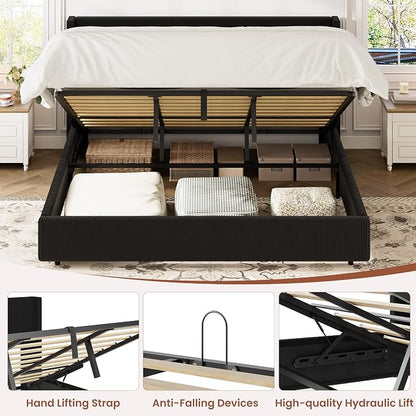 Garvee King Lift Up Storage Bed Frame, Corduroy Upholstered Platform Bed with Gas Lift, Padded Headboard, Wooden Slat Support, No Box Spring Needed, Easy Assembly, Black