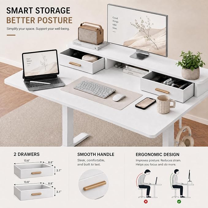 Grandder Electric Standing Desk with Two Drawers, Sit to Stand Up Height Adjustable Desk with Storage Shelf for Home Office, 47 * 24 Inch, Study, Ergonomic Adjustable Computer Desk, White