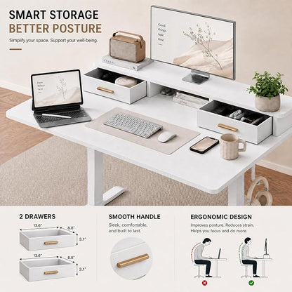 Grandder Electric Standing Desk with Two Drawers, Sit to Stand Up Height Adjustable Desk with Storage Shelf for Home Office, 47 * 24 Inch, Study, Ergonomic Adjustable Computer Desk, White