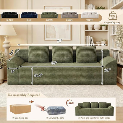 71" Corduroy Living Room Sofa, 3 Setaser Deep Seat Couch with 3 Lumbar Pillows, Comfy Boneless Sofa Modern Compressed Couch for Bedroom, Office, Apartment, No Assembly, Curved Armrests (Green)