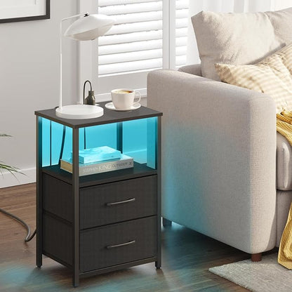 TUTOTAK LED End Table with Charging Station, Nightstand with Cloth Drawer, Side Table with 1 USB Port and 1 Type-C Port, Set of 2, Couch Table, Black TB01BK052L
