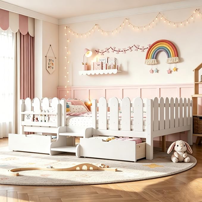 Bellemave Queen Size Platform Bed with Storage Drawers & Bookshelf for Boys Girls, Kids Queen Bed Frame with LED Lights & Stairs for Children's Room, White