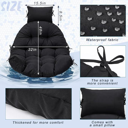 Tudomro Waterproof Egg Chair Cushion with Pillow Filling 2.58 kg Replacement Rocking Wicker Chair Cushion 48" x 32" High Back Hanging Swing Hammock Pad Thicken for Outdoor Patio Garden(Black)