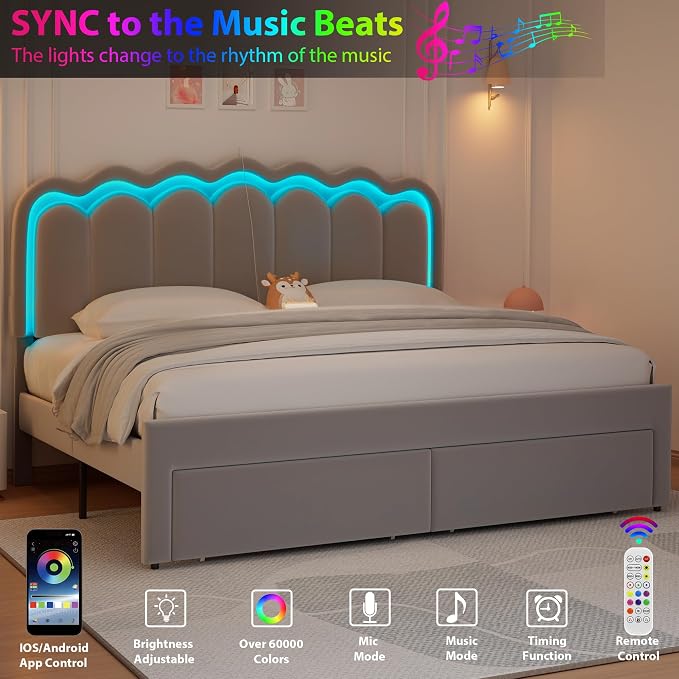 King Upholstered LED Bed Frame with 2 Storage Drawers and Adjustable Chic Double Wavy Headboard, Velvet Princess Platform Bed with Charing Station, Solid Wood Slats Support, No Box Spring Needed, Grey