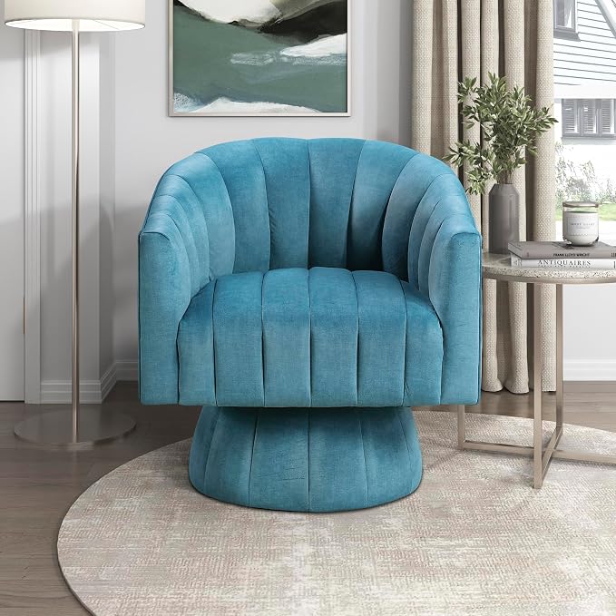 Lexicon Modern Swivel Accent Chair, Velvet Fabric Upholstered Swivel Lounge Chair with Rounded Base and Channel Stitching for Living Room/Bedroom/Office, Easy Assembly, Dark Teal