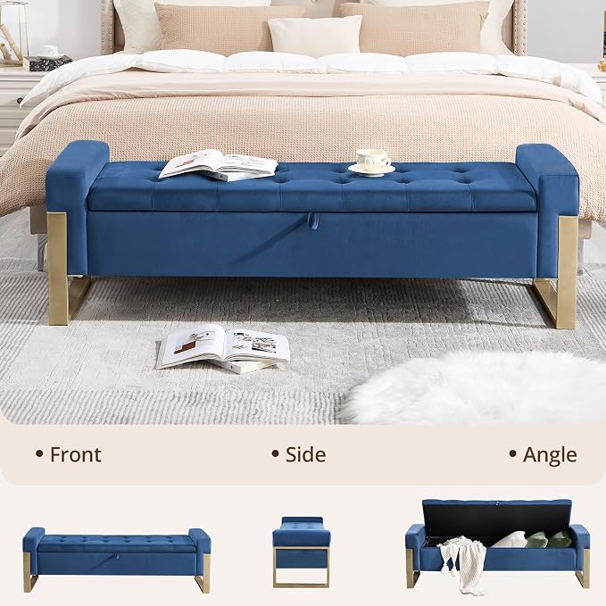 67'' End of Bed Storage Bench King Size, Storage Ottoman Bench for Bedroom, Modern Velvet Bed Benches for Foot of Beds with Gold Legs for Window Living Room Entryway, Dark Blue