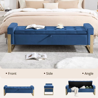 67'' End of Bed Storage Bench King Size, Storage Ottoman Bench for Bedroom, Modern Velvet Bed Benches for Foot of Beds with Gold Legs for Window Living Room Entryway, Dark Blue