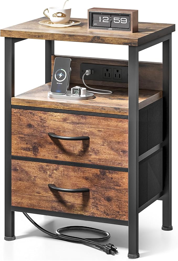 Lazzanto NightStand Bedside Charging Table Bedroom - Brown Night Stand with Charger Station, Modern Bed Side End Table with Open Shelf & 2 Fabric Drawers, USB-C Port for Dorm, Living Room