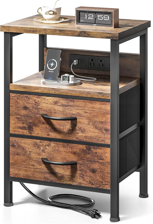 Lazzanto NightStand Bedside Charging Table Bedroom - Brown Night Stand with Charger Station, Modern Bed Side End Table with Open Shelf & 2 Fabric Drawers, USB-C Port for Dorm, Living Room