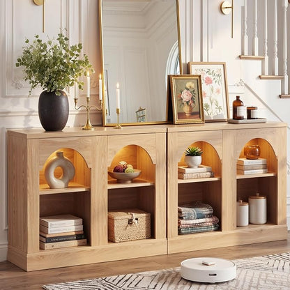 Unikito Console Table with LED Lights, 94" Long Entryway Table with Adjustable Shelves, Sideboard Buffet Storage Cabinet for Entrance/Hallway/Living Room, Sofa Table Behind Couch, Natural Oak