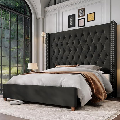 Jocisland Queen Bed Frame 61.4" Tall Headboard Velvet upholstered,Black | Full Back Support Wingback Headboard,Deep Button Tufted Hand-crafted Pleats,Squeak-Free Sleep,Solid Wood Legs,Easy Assembly