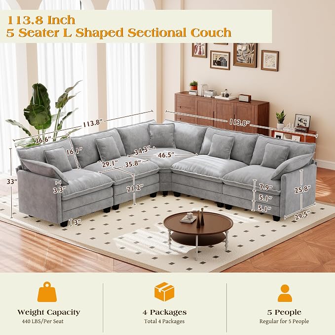 113.8" Modular Sectional Sofa,Cloud Couch for Living Room,Modern Deep Seat Sofa 5 Seater Chenille Fabric Comfy L Shaped Couches with Throw Pillows for Apartment
