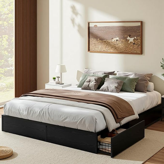 Allewie Full Size Metal Bed Frame with 2 Storage Drawers, Heavy-Duty Steel Frame with MDF Wood Panels, Flexible Drawer Placement, Easy Assembly, Noise-Free Support, Black