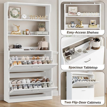 IRONCK Tall Shoe Cabinet with 2 Flip Drawers, Narrow Hidden Shoe Storage Cabinet with Shelves, Slim Freestanding Shoe Organizer for Entryway, Hallway, White