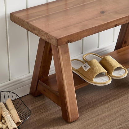 Solid Wood Entryway Bench, 30" Rustic Small Storage Bench 2-Tier Farmhouse Wooden Bench with Shelf Narrow Bench Seat Indoor for Entryway, Living Room, Dining Room, Hallway, Walnut
