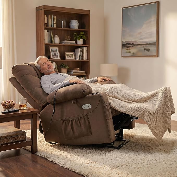 MCombo Power Lift Recliner Chair with Extended Footrest for Elderly People, Fabric 7287 (Brown, Medium)