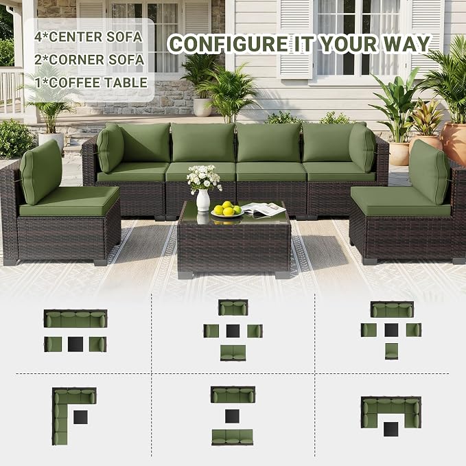 LAFWELL 7 Pieces Outdoor Patio Furniture Sets,Rattan Conversation Sectional Set,Manual Weaving Wicker Patio Sofa with Tea Table