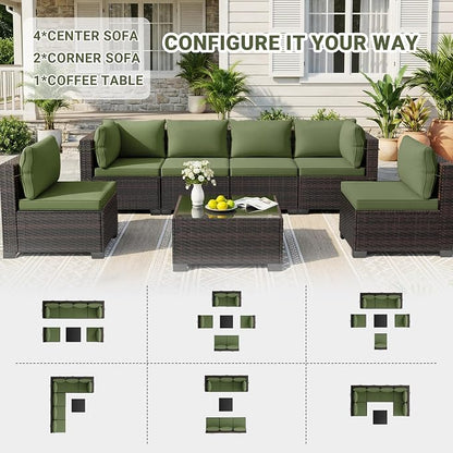 LAFWELL 7 Pieces Outdoor Patio Furniture Sets,Rattan Conversation Sectional Set,Manual Weaving Wicker Patio Sofa with Tea Table
