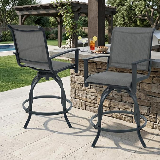 Kozyard Outdoor Swivel Bar Stools Set of 2, 360° Swivel Counter-Height Patio Bar Chairs with High Back, Powder-Coated Steel Frame & Textilene Fabric for Backyard, Balcony, Kitchen Island Gray