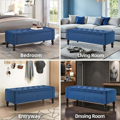 50" W Storage Ottoman Bench with Safety Hinge, Load up to 660 lb Ottoman with Storage, Upholstered Tufted Entryway Bench with Seating for Living Room, Bedroom, Entryway, Blue